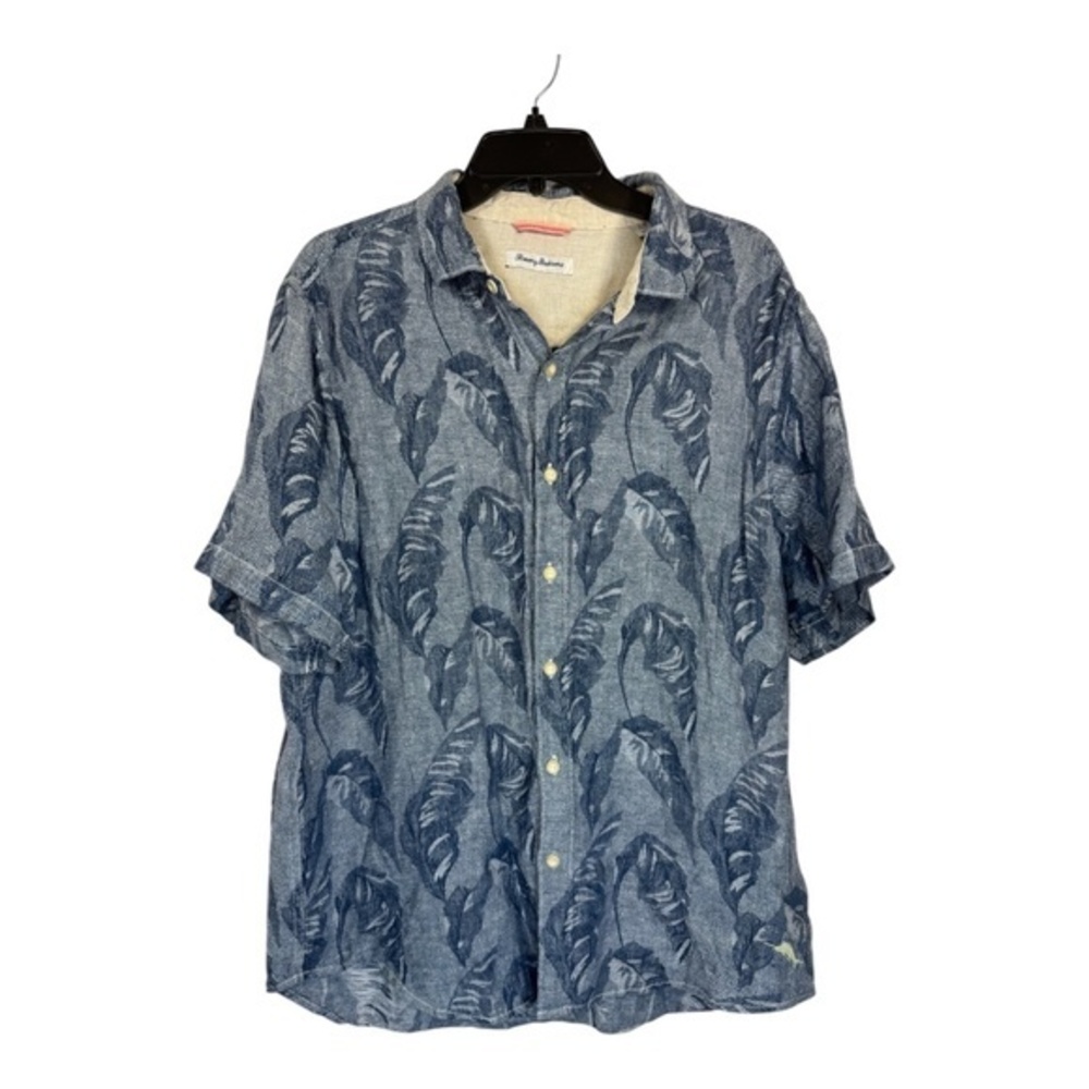 Tommy Bahama Short Sleeve Shirt Mens Size Large Blue 100% Linen Help Me Fronda